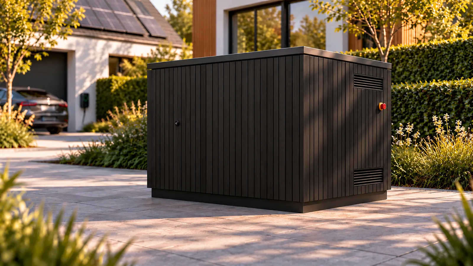 GardenVolt buitenkast met fraké zwart gevel in de tuin