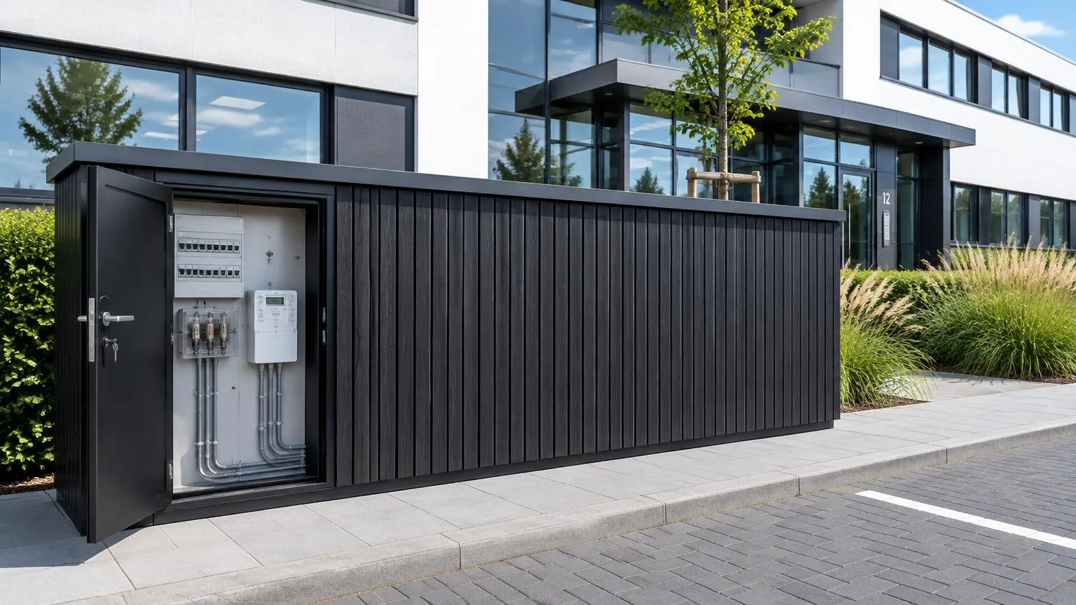 Render: huisaansluitkast met open deur, hoofdzekeringen en meter