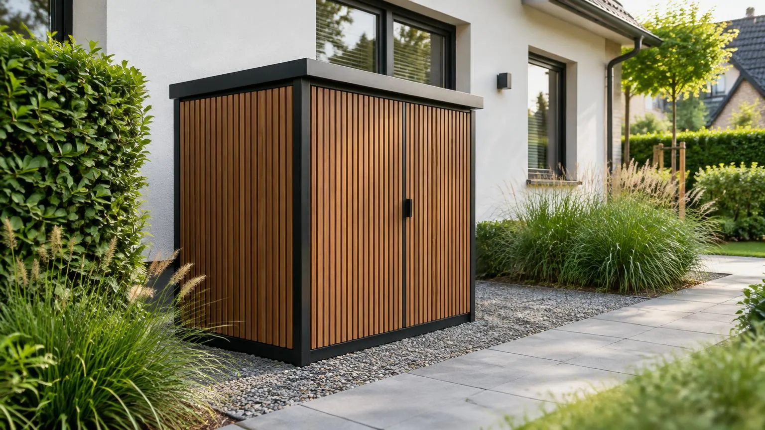 Render: GardenVolt Single gesloten in een voortuin