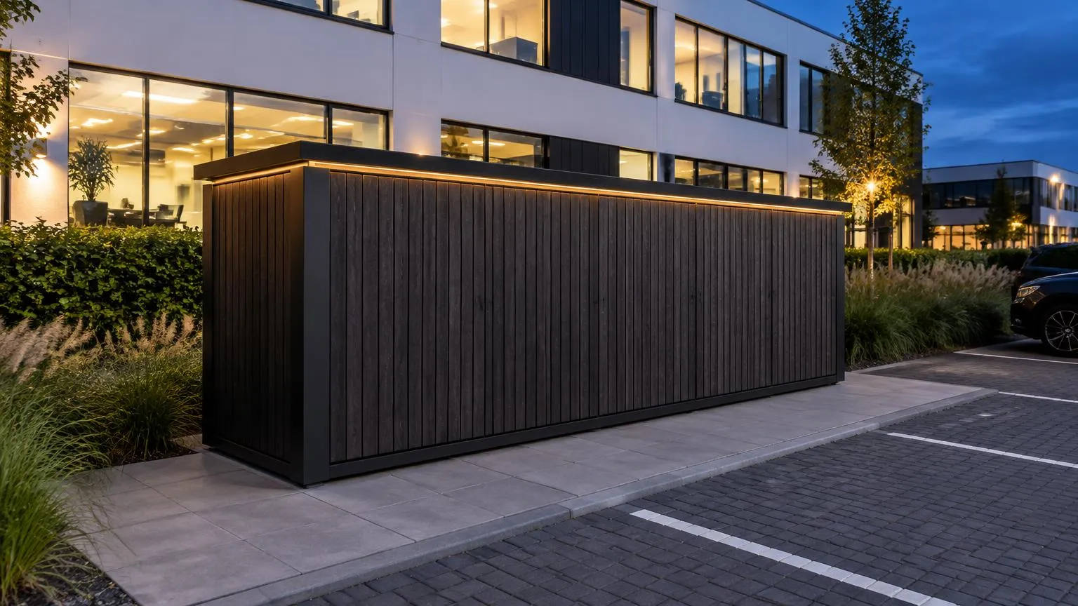 Render: GardenVolt Business in de avond, met LED-verlichting onder de dakrand