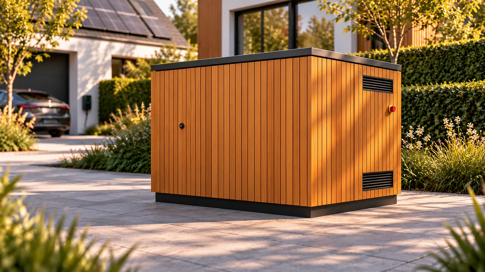 GardenVolt buitenkast met fraké naturel gevel in de tuin